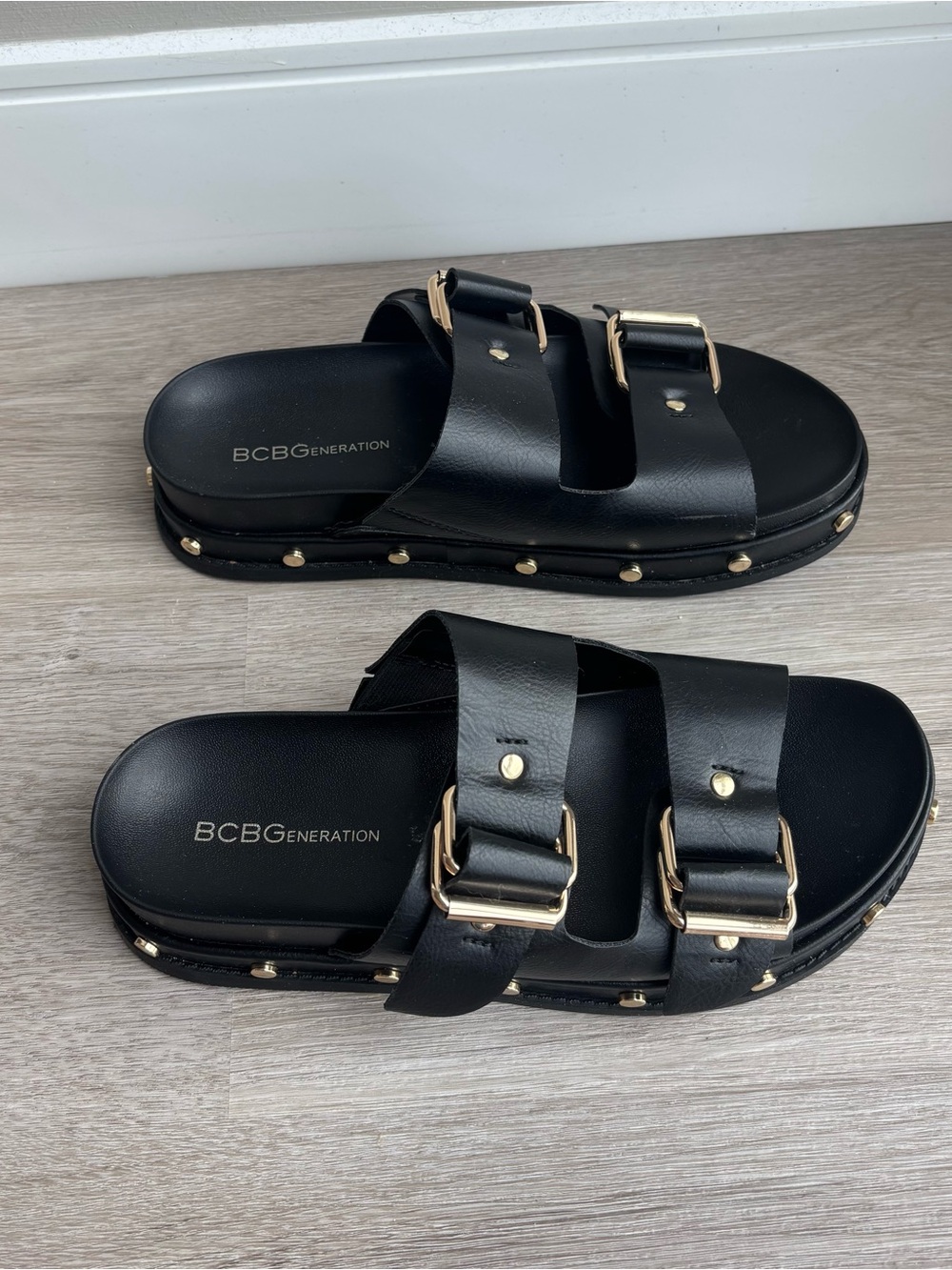 BCBGeneration Black Double Buckle Studded Slide Sandal - Picture 4 of 6